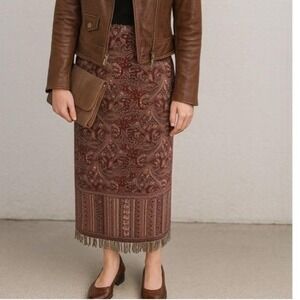 BFA Skirt‎ Womens 12 Paisley Print Fringe Hem High Waisted Maxi Boho Indie